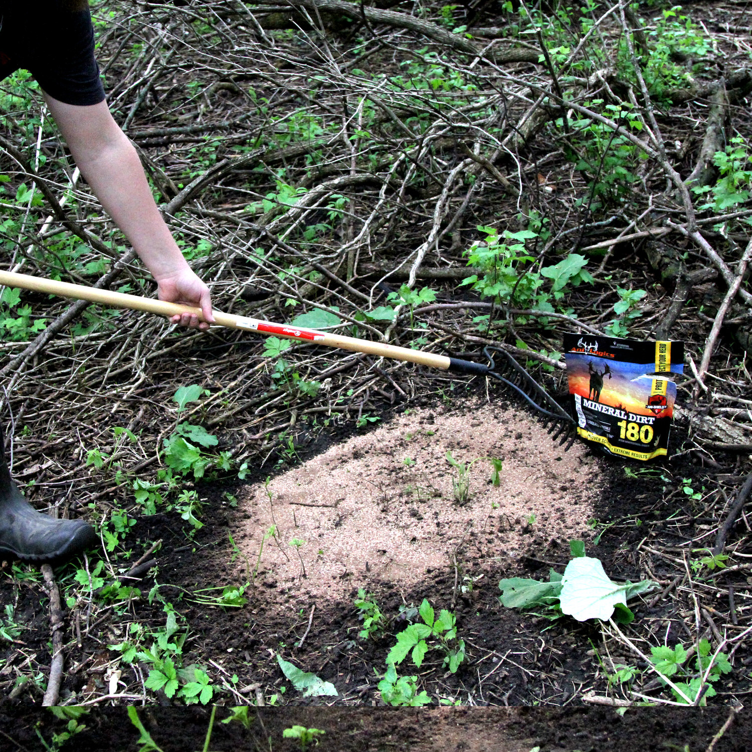 4 lb. bag of Mineral Dirt 180 next to some of it poured out onto the ground with it being raked