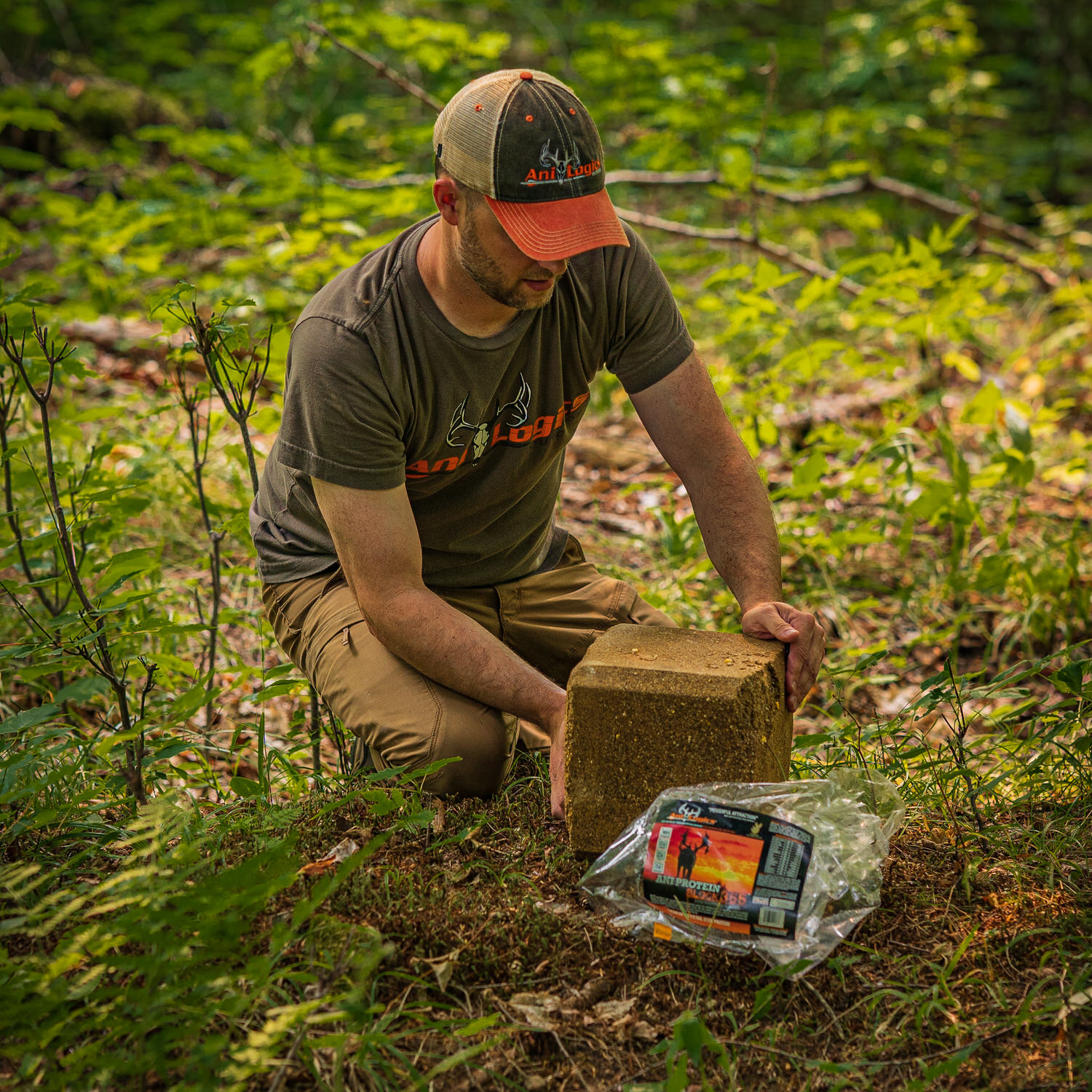 Man places Ani-Protein Block 365 on the ground