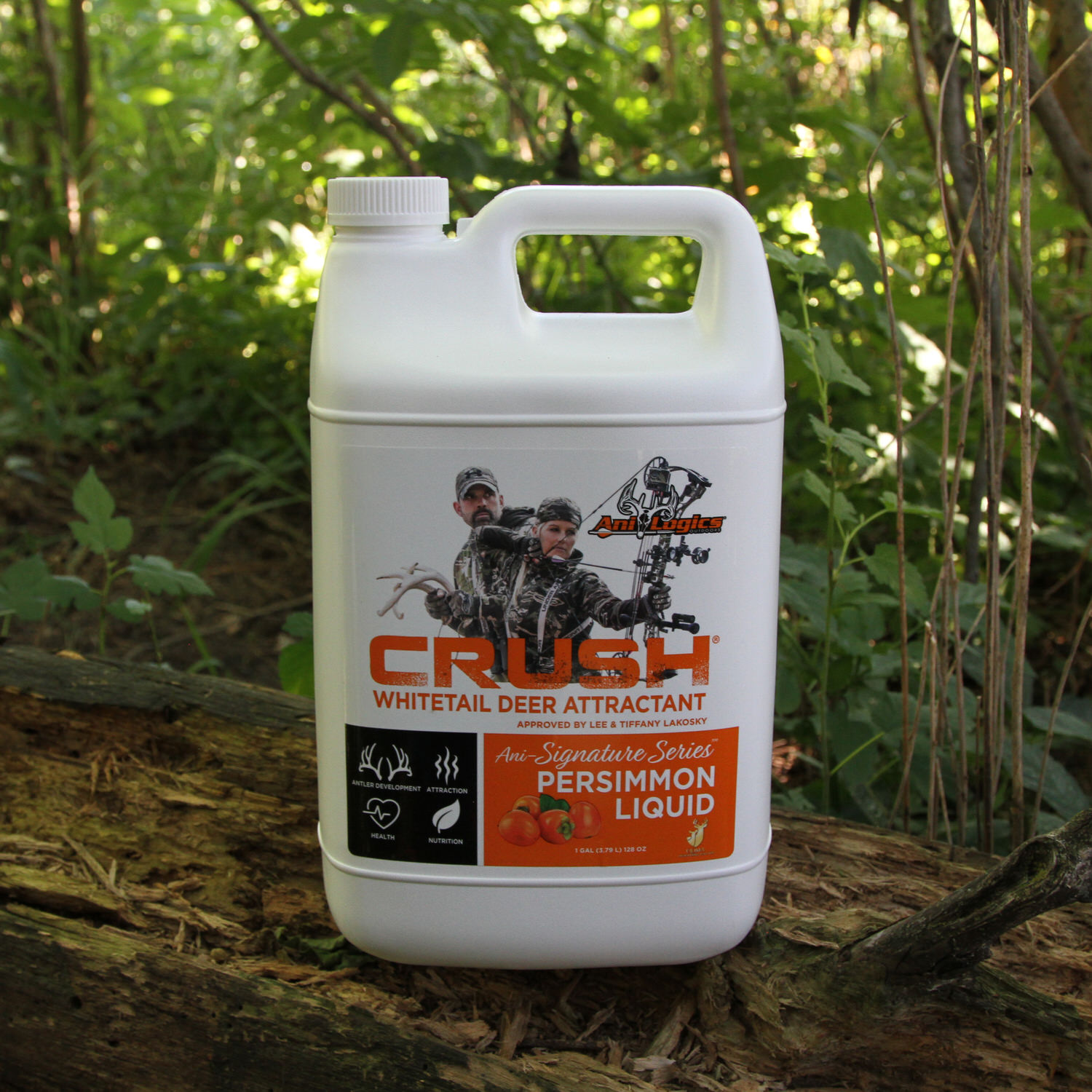 1-gallon jug of CRUSH Persimmon Liquid on a log