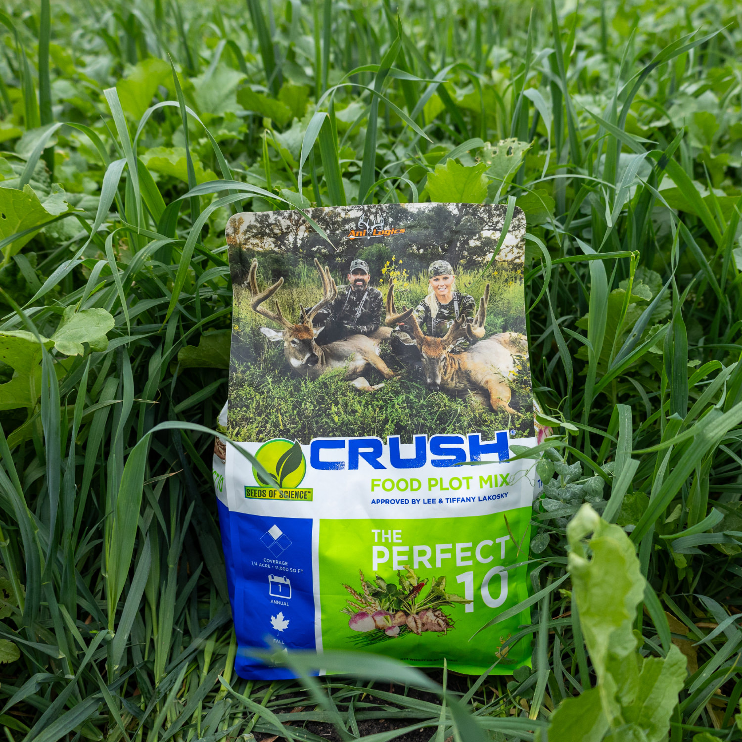 Close view of a bag of CRUSH - The Perfect 10 in a food plot