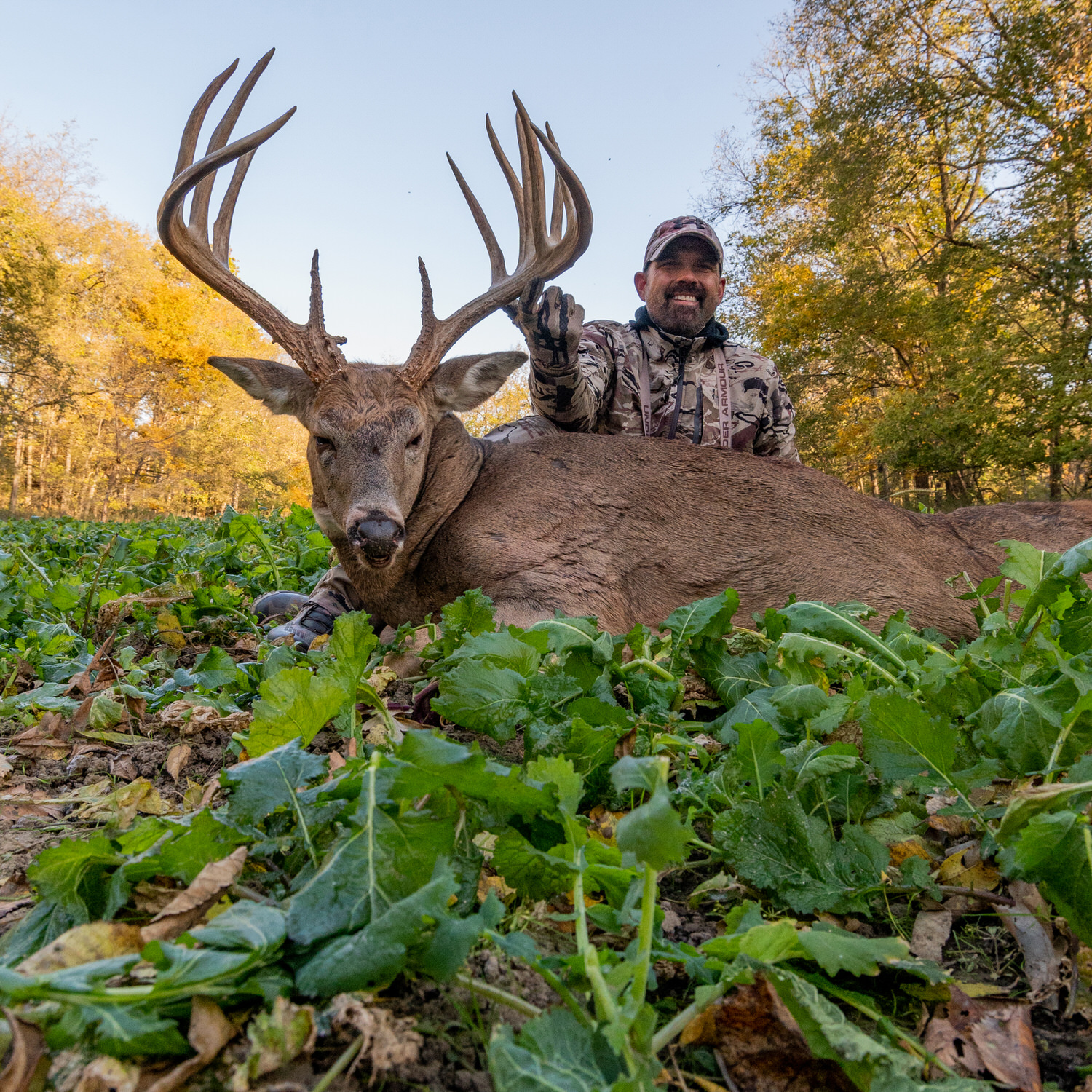 Lee Lakosky posed in a Pro Brassica Blend food plot with a big buck