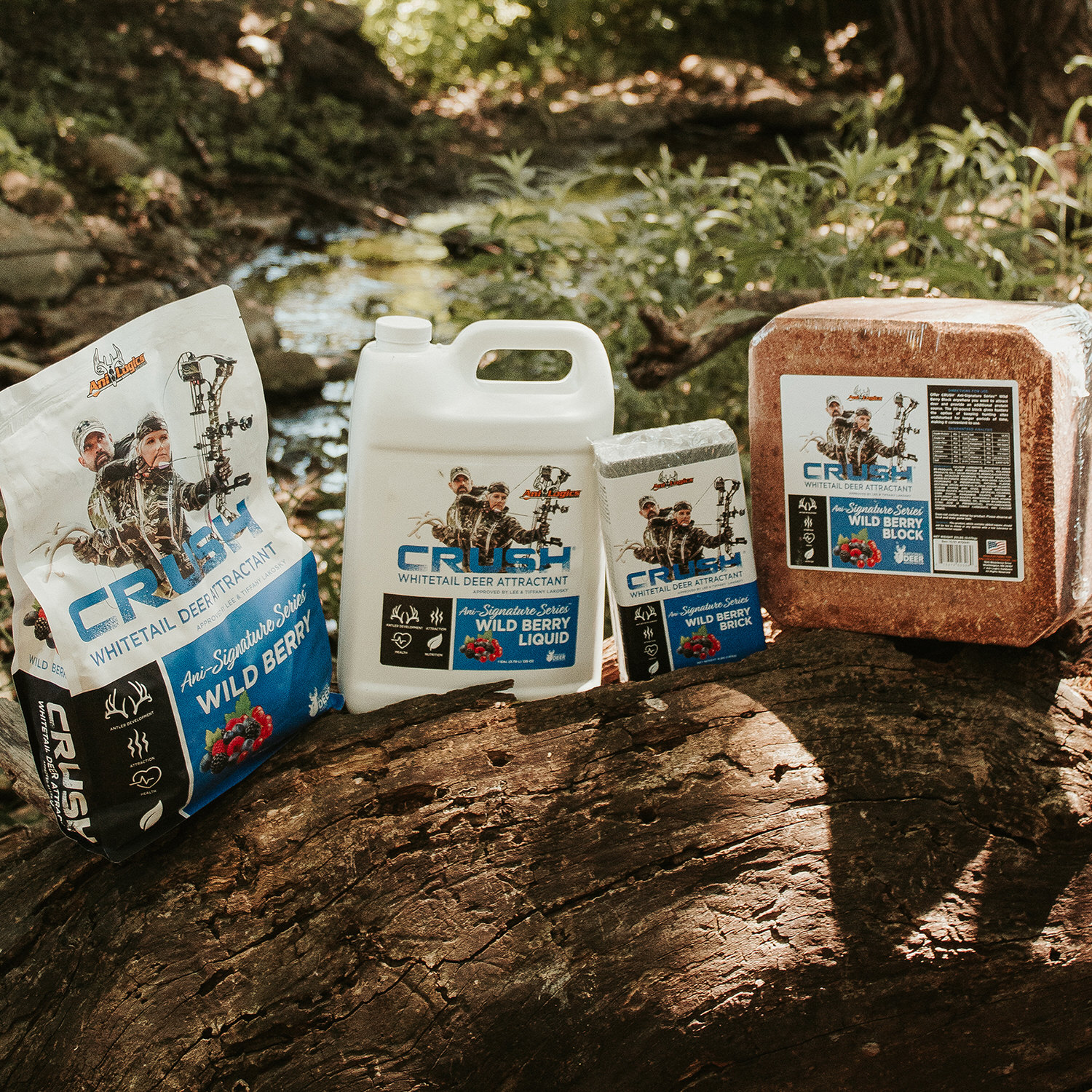 Family photo of the CRUSH Wild Berry products: granular, liquid, brick, and block