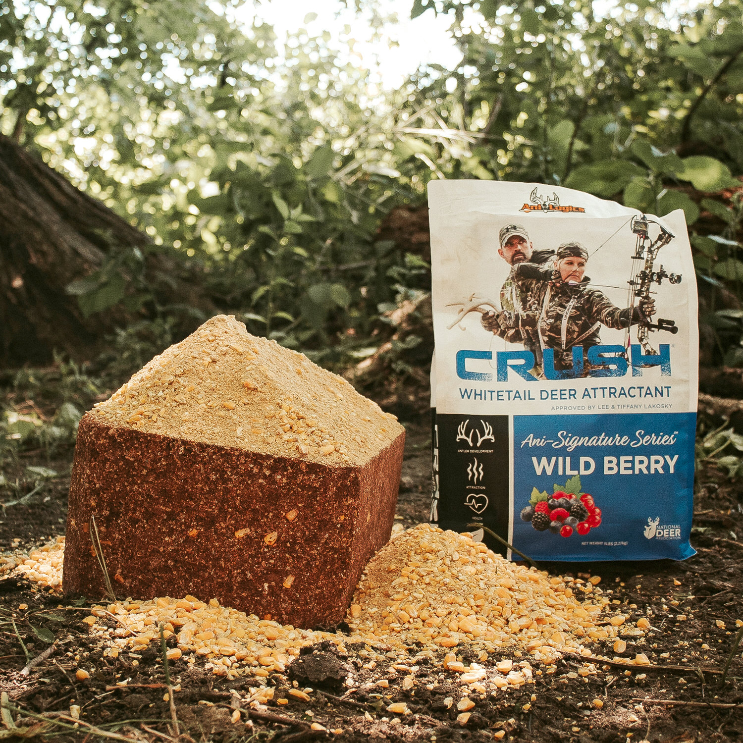 Bag of CRUSH Wild Berry Granular next to a protein block