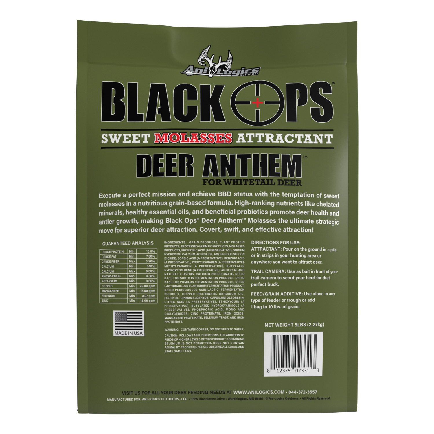 Back of bag - Black Ops Deer Anthem Molasses Granular Attractant - 5 lb